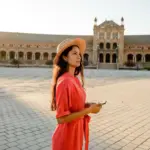 Eine Frau im roten Kleid als Symbol für Arbeiten in Spanien